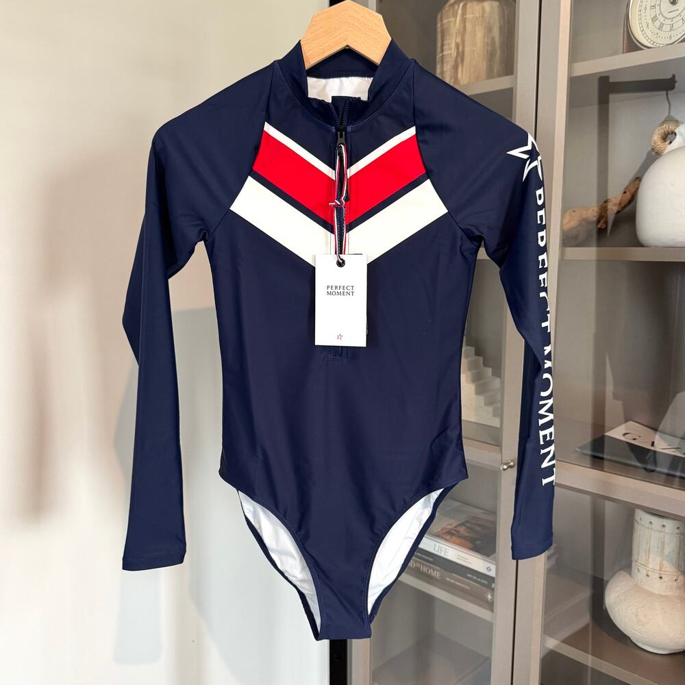 Perfect Moment 1/2 Zip Cove Swimsuit NEW Navy Chevron Long Sleeve One Piece M